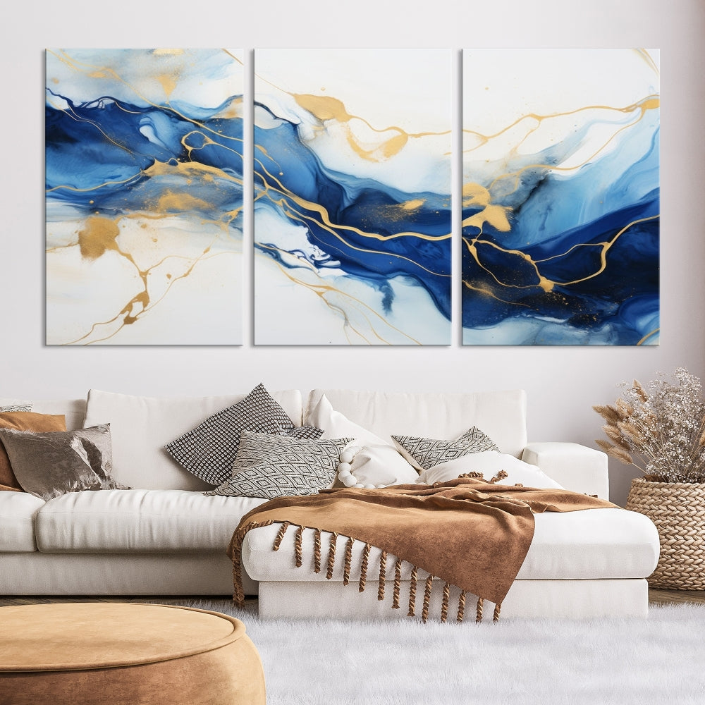 Blue Marble Painting, Set of Canvas Print, Framed Wall Art, Modern Abstract Wall Decor