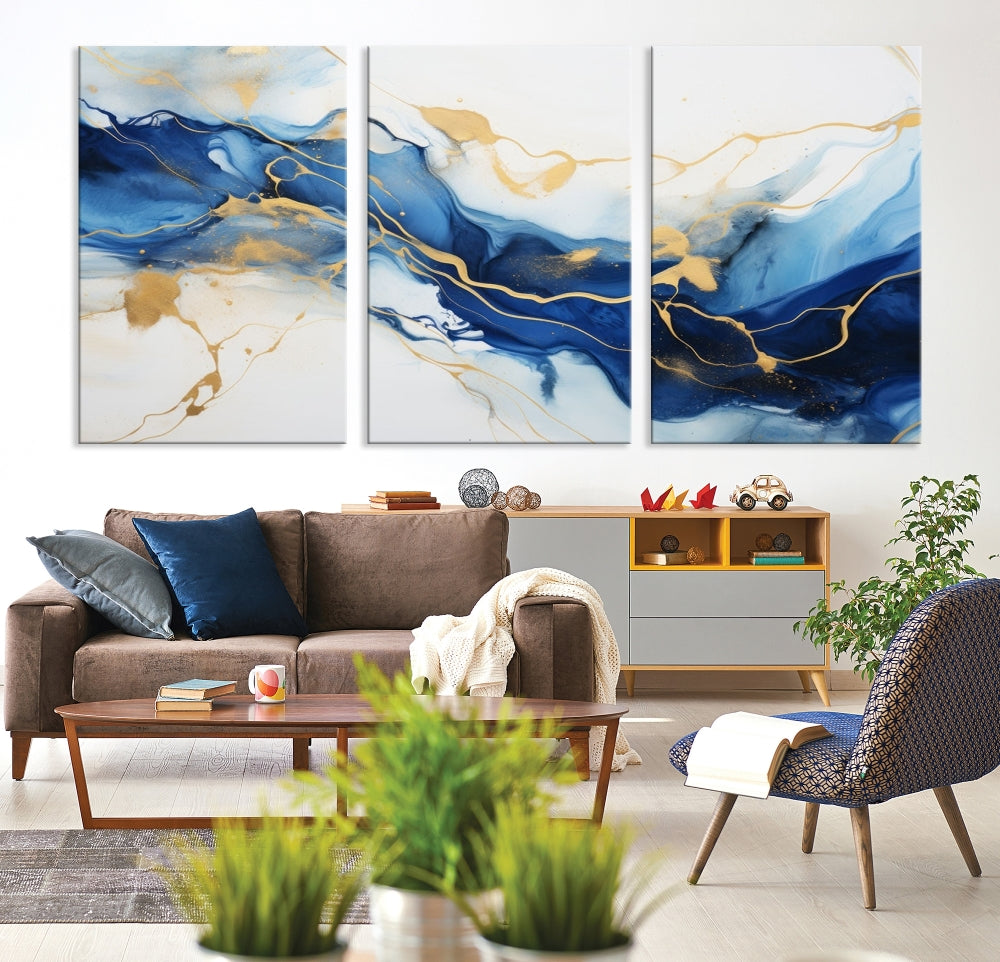 Blue Marble Painting, Set of Canvas Print, Framed Wall Art, Modern Abstract Wall Decor