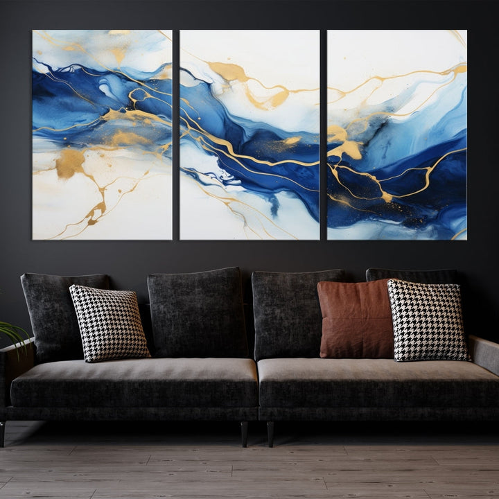 Blue Marble Painting, Set of Canvas Print, Framed Wall Art, Modern Abstract Wall Decor