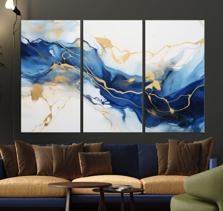 Blue Marble Painting, Set of Canvas Print, Framed Wall Art, Modern Abstract Wall Decor