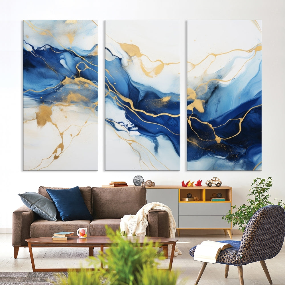 Blue Marble Painting, Set of Canvas Print, Framed Wall Art, Modern Abstract Wall Decor