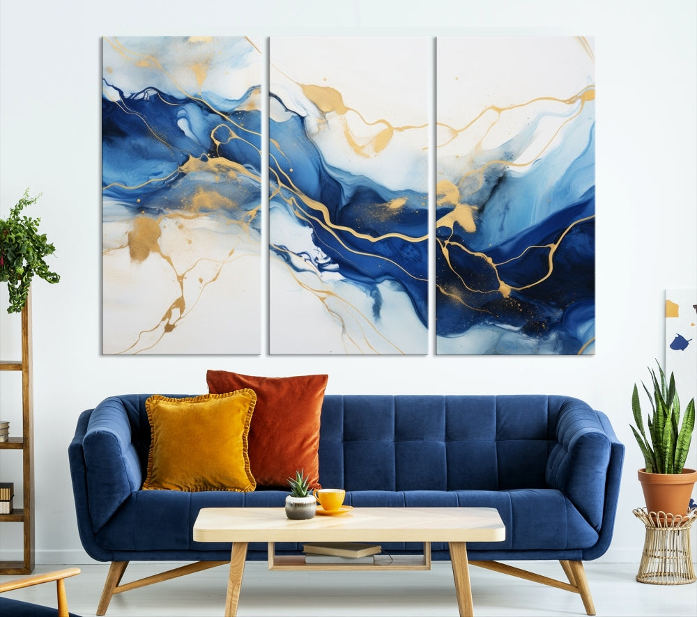 Blue Marble Painting, Set of Canvas Print, Framed Wall Art, Modern Abstract Wall Decor