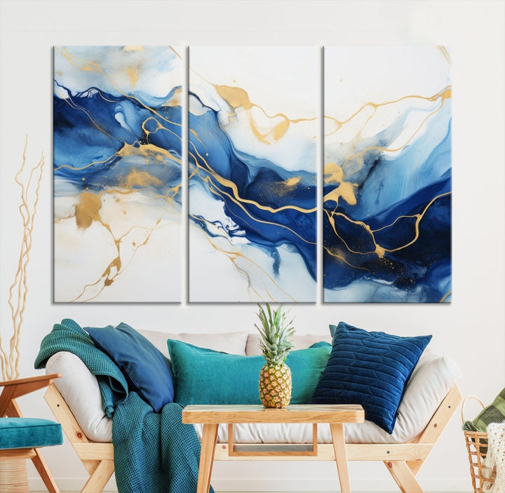 Blue Marble Painting, Set of Canvas Print, Framed Wall Art, Modern Abstract Wall Decor