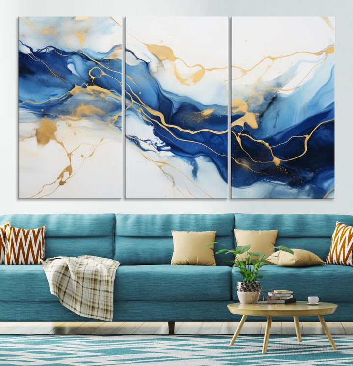 Blue Marble Painting, Set of Canvas Print, Framed Wall Art, Modern Abstract Wall Decor