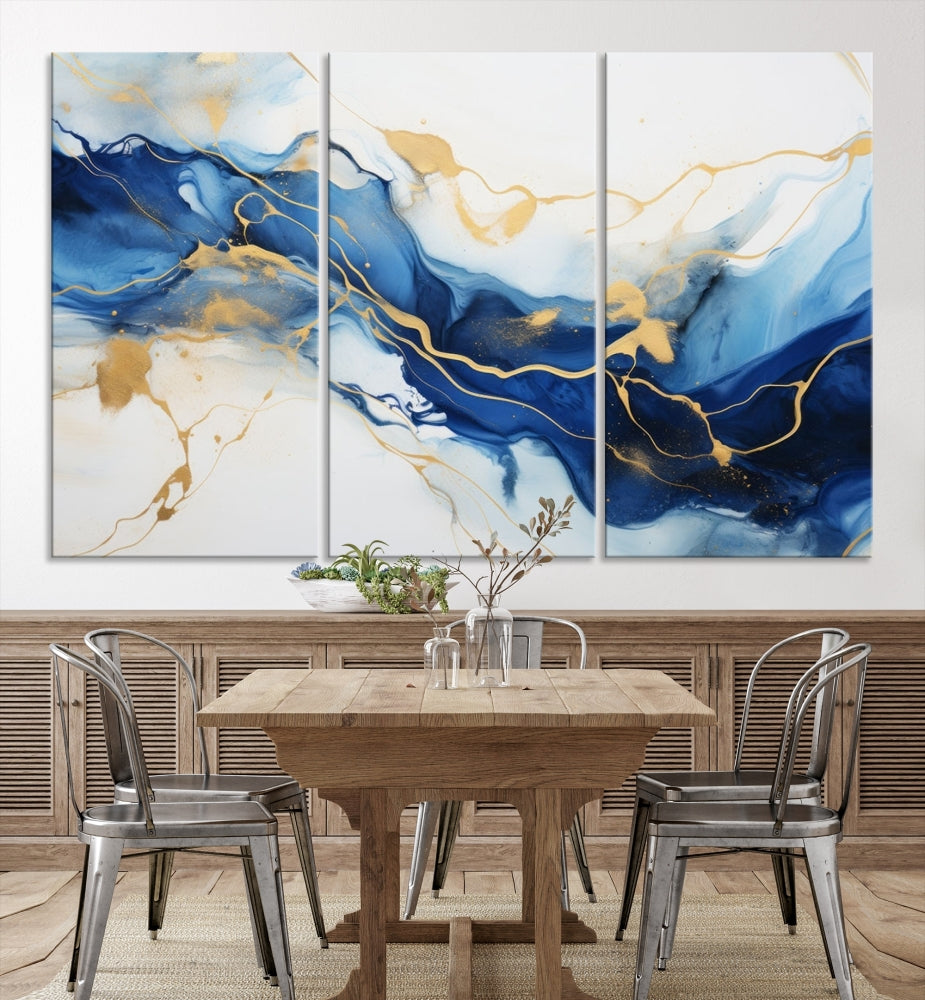 Blue Marble Painting, Set of Canvas Print, Framed Wall Art, Modern Abstract Wall Decor