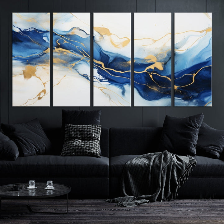 Blue Marble Painting, Set of Canvas Print, Framed Wall Art, Modern Abstract Wall Decor