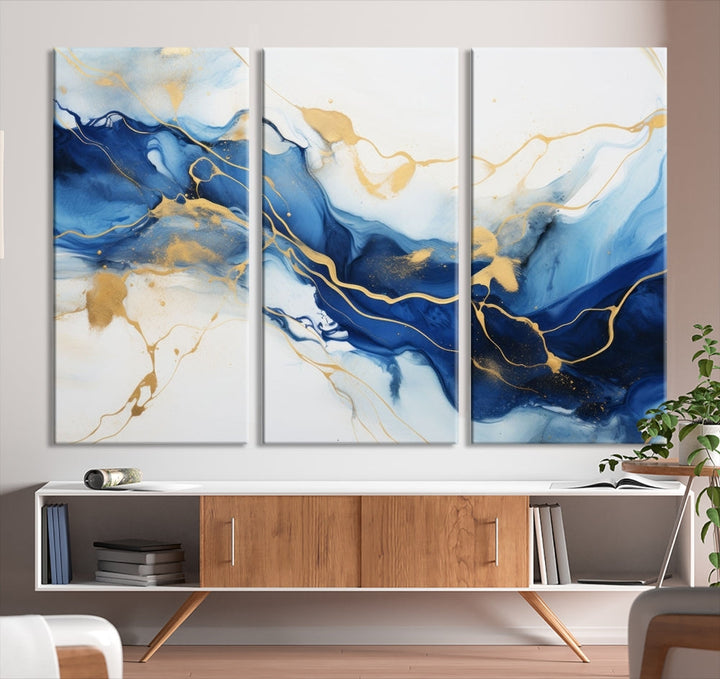 Blue Marble Painting, Set of Canvas Print, Framed Wall Art, Modern Abstract Wall Decor