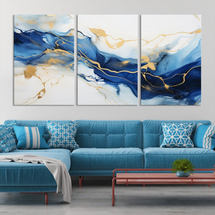 Blue Marble Painting, Set of Canvas Print, Framed Wall Art, Modern Abstract Wall Decor