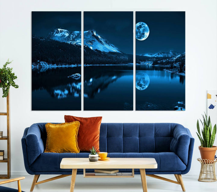 Blue Moon Mountain Lake Landscape Wall Art Canvas Print