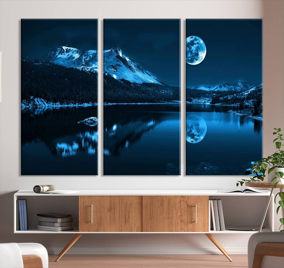 Blue Moon Mountain Lake Landscape Wall Art Canvas Print