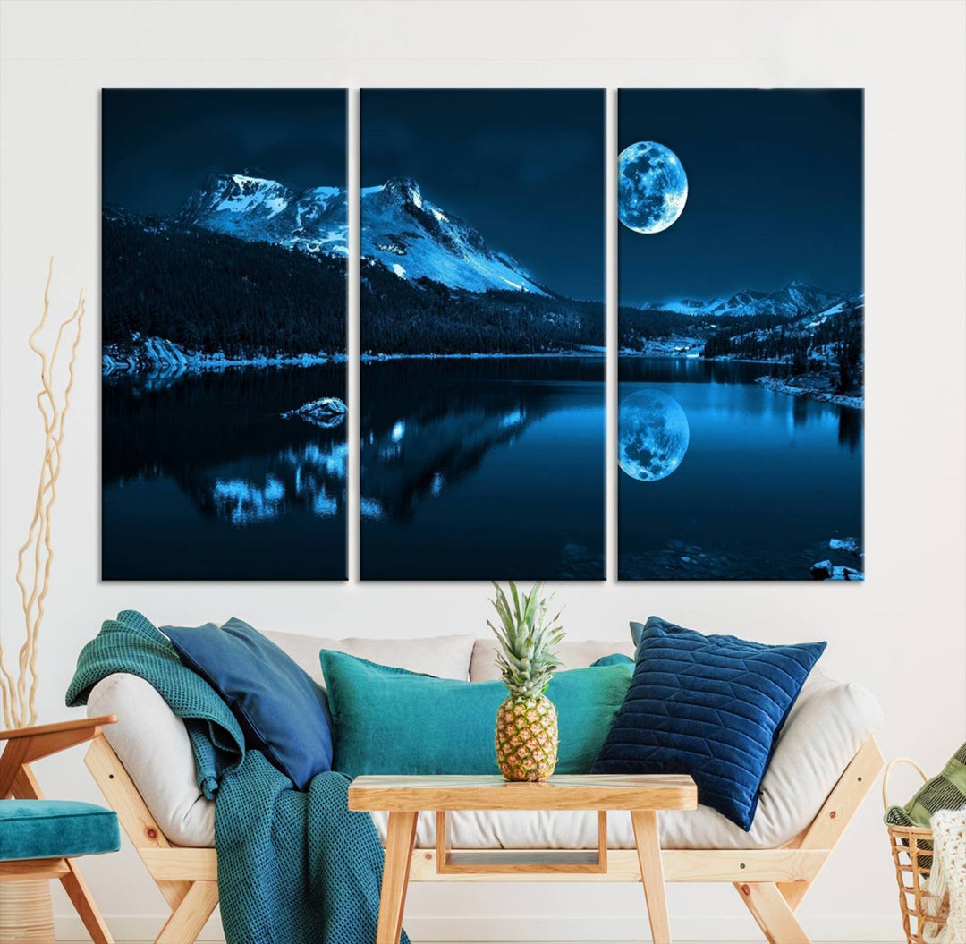 Blue Moon Mountain Lake Landscape Wall Art Canvas Print