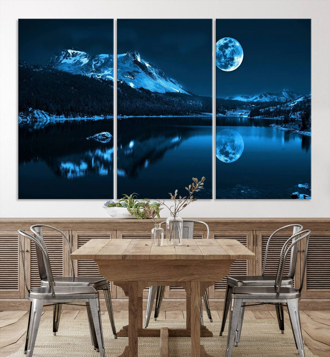 Blue Moon Mountain Lake Landscape Wall Art Canvas Print