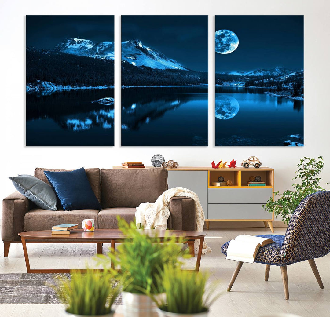 Blue Moon Mountain Lake Landscape Wall Art Canvas Print