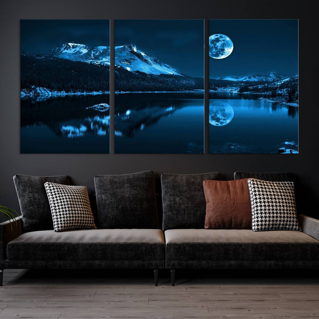 Blue Moon Mountain Lake Landscape Wall Art Canvas Print