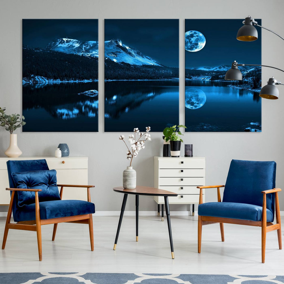 Blue Moon Mountain Lake Landscape Wall Art Canvas Print