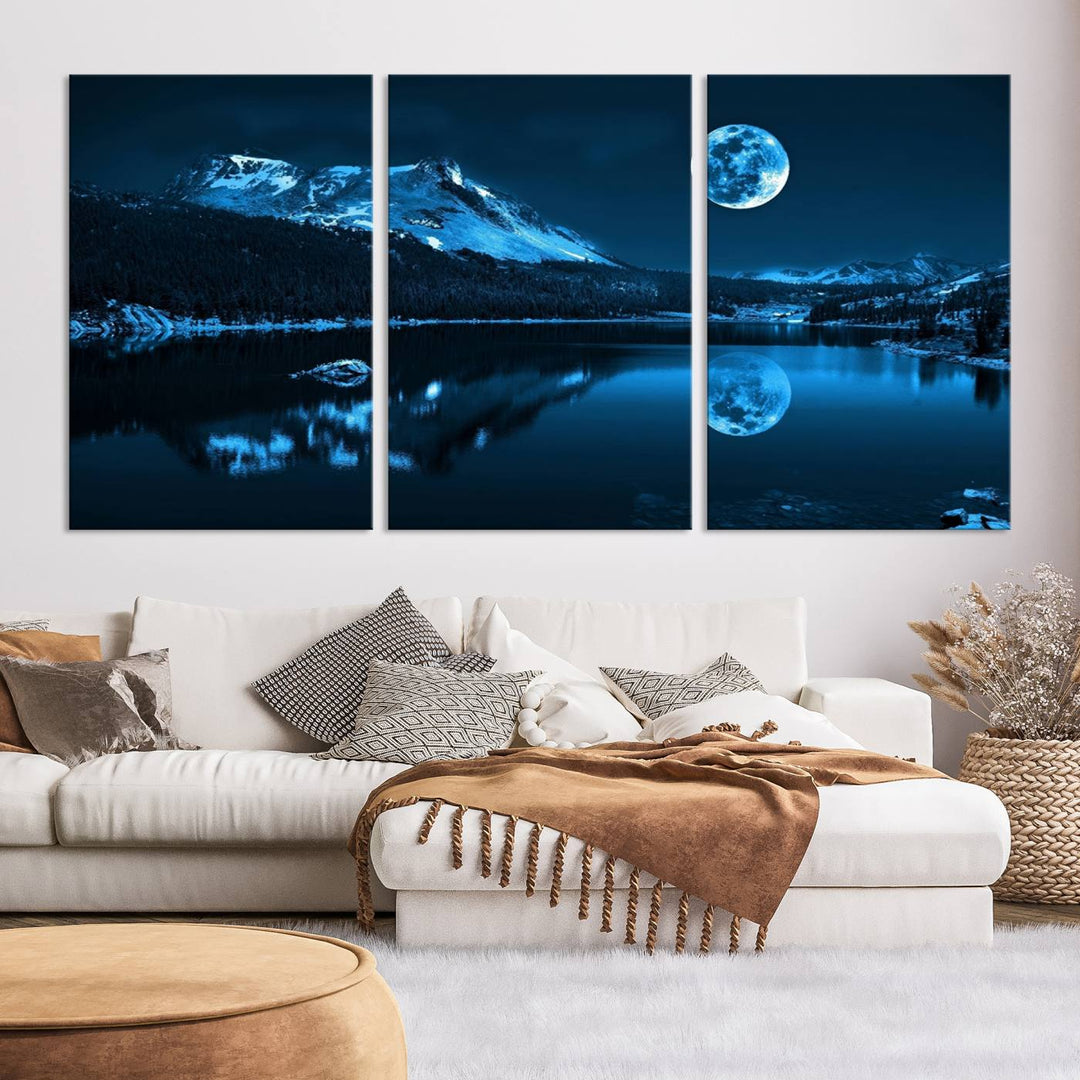 Blue Moon Mountain Lake Landscape Wall Art Canvas Print