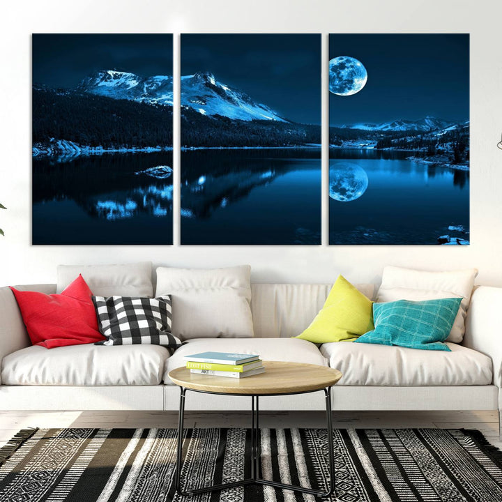 Blue Moon Mountain Lake Landscape Wall Art Canvas Print