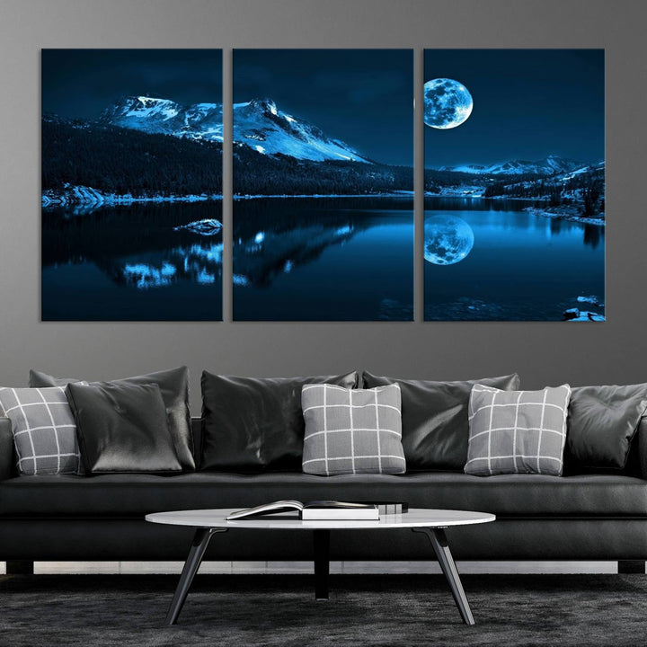 Blue Moon Mountain Lake Landscape Wall Art Canvas Print