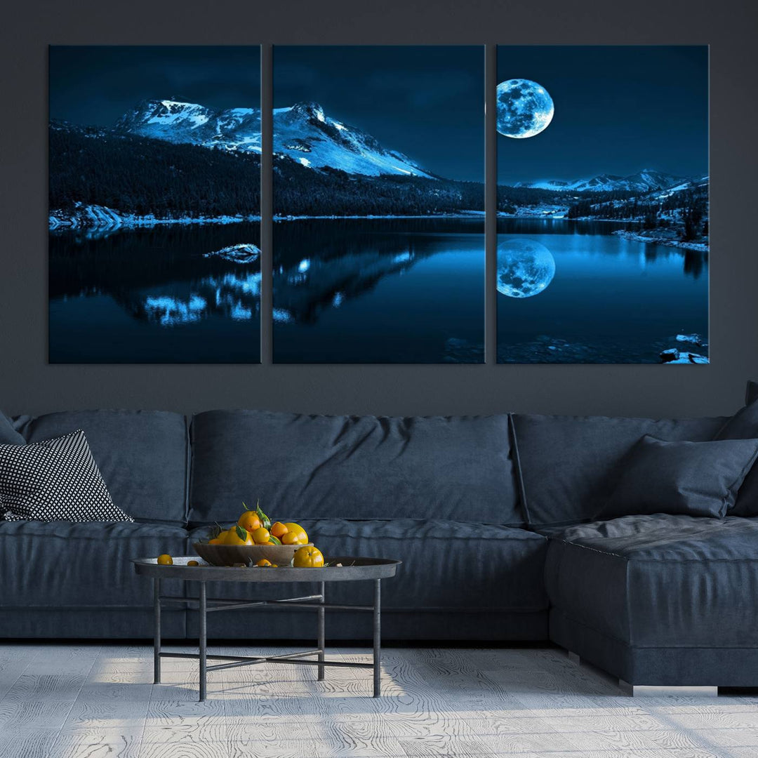 Blue Moon Mountain Lake Landscape Wall Art Canvas Print