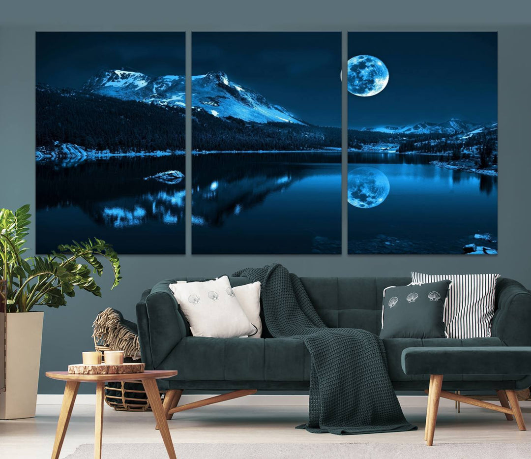 Blue Moon Mountain Lake Landscape Wall Art Canvas Print