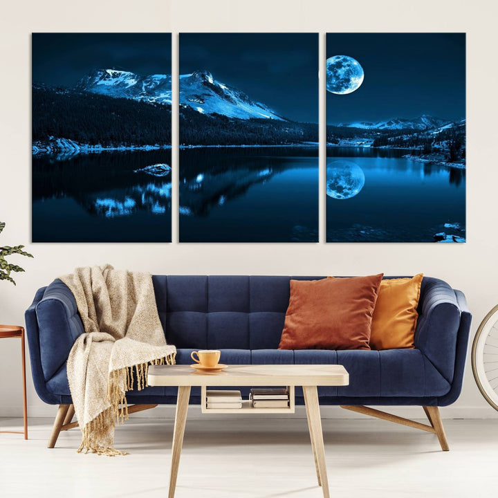 Blue Moon Mountain Lake Landscape Wall Art Canvas Print