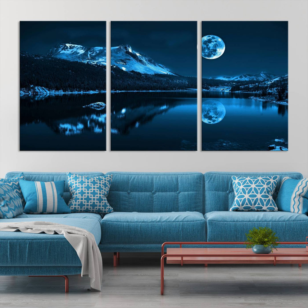 Blue Moon Mountain Lake Landscape Wall Art Canvas Print