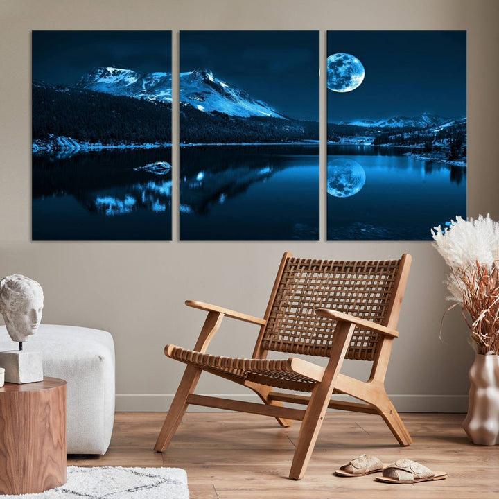 Blue Moon Mountain Lake Landscape Wall Art Canvas Print