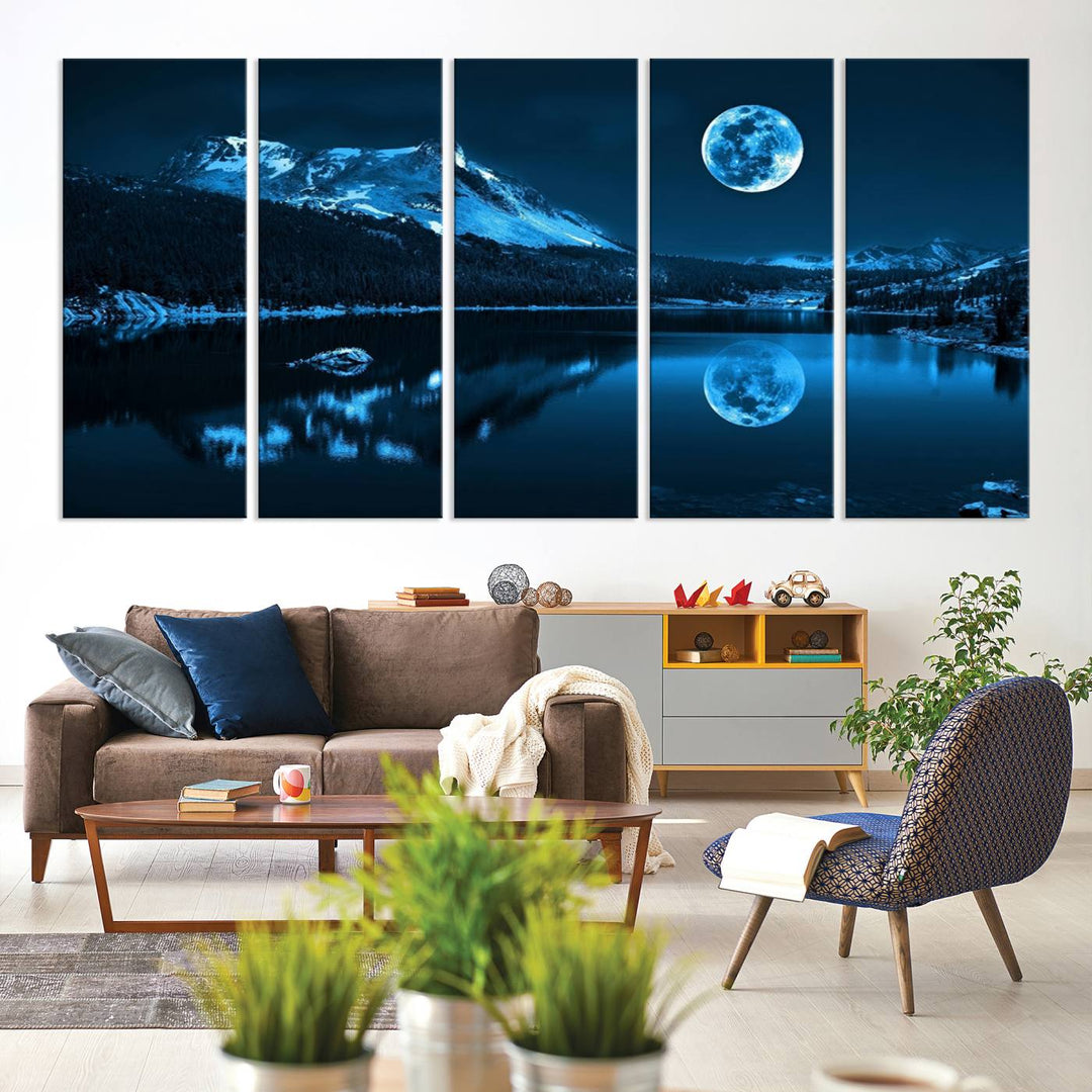 Blue Moon Mountain Lake Landscape Wall Art Canvas Print