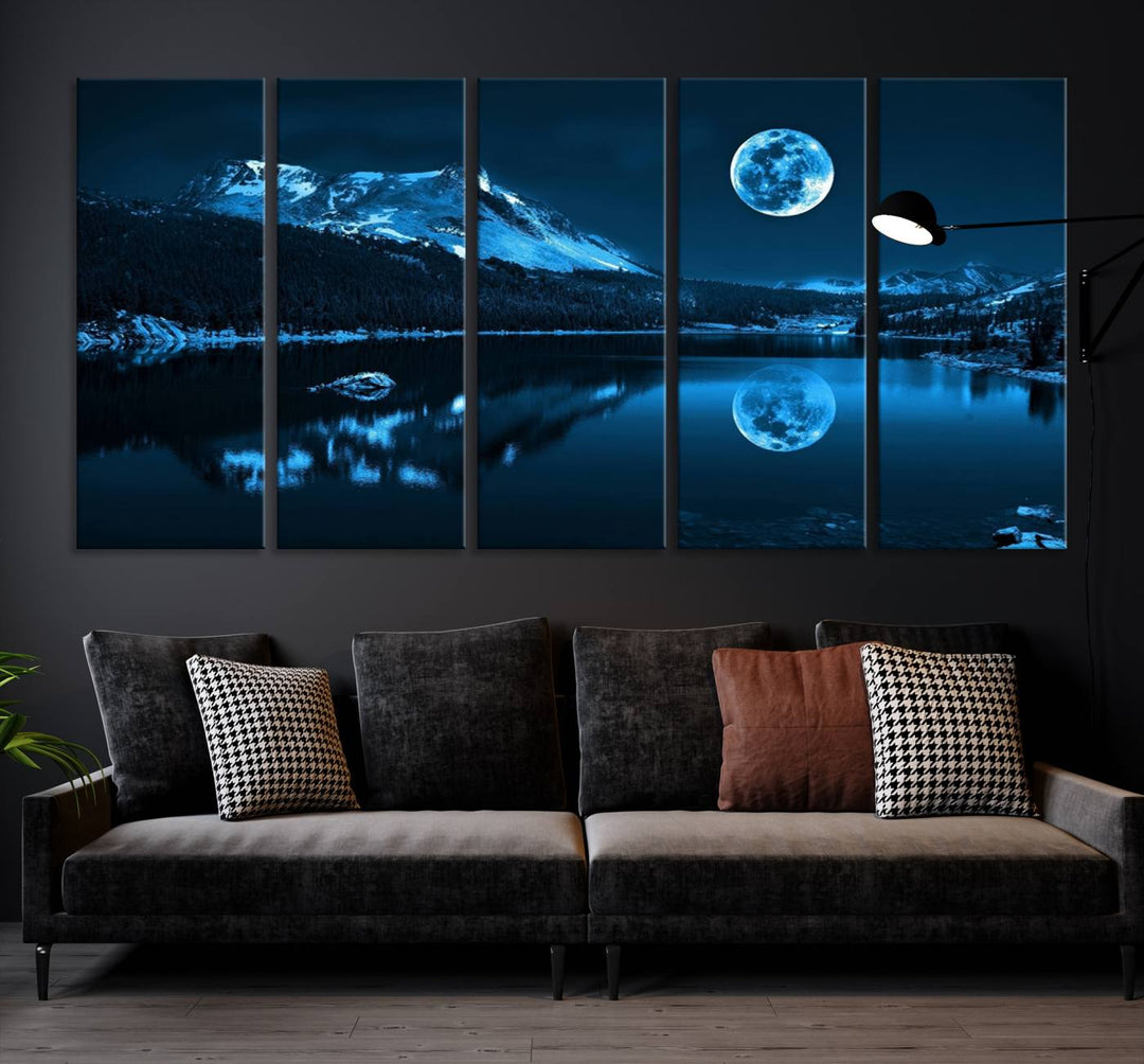 Blue Moon Mountain Lake Landscape Wall Art Canvas Print