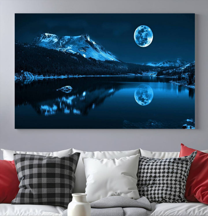 Blue Moon Mountain Lake Landscape Wall Art Canvas Print