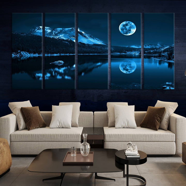 Blue Moon Mountain Lake Landscape Wall Art Canvas Print