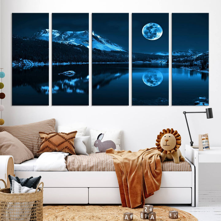 Blue Moon Mountain Lake Landscape Wall Art Canvas Print