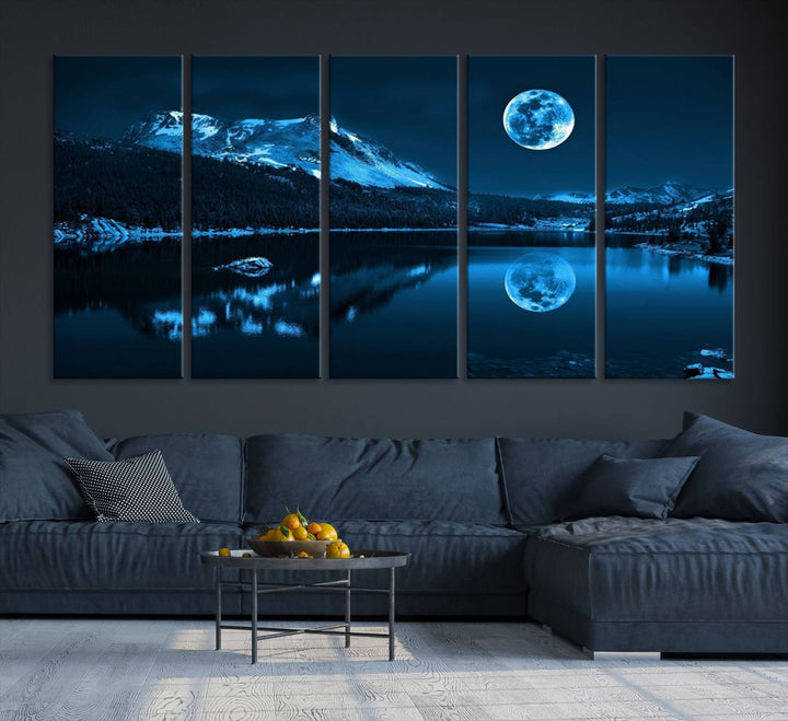 Blue Moon Mountain Lake Landscape Wall Art Canvas Print