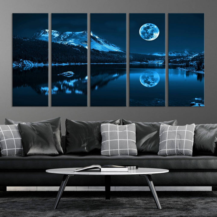 Blue Moon Mountain Lake Landscape Wall Art Canvas Print