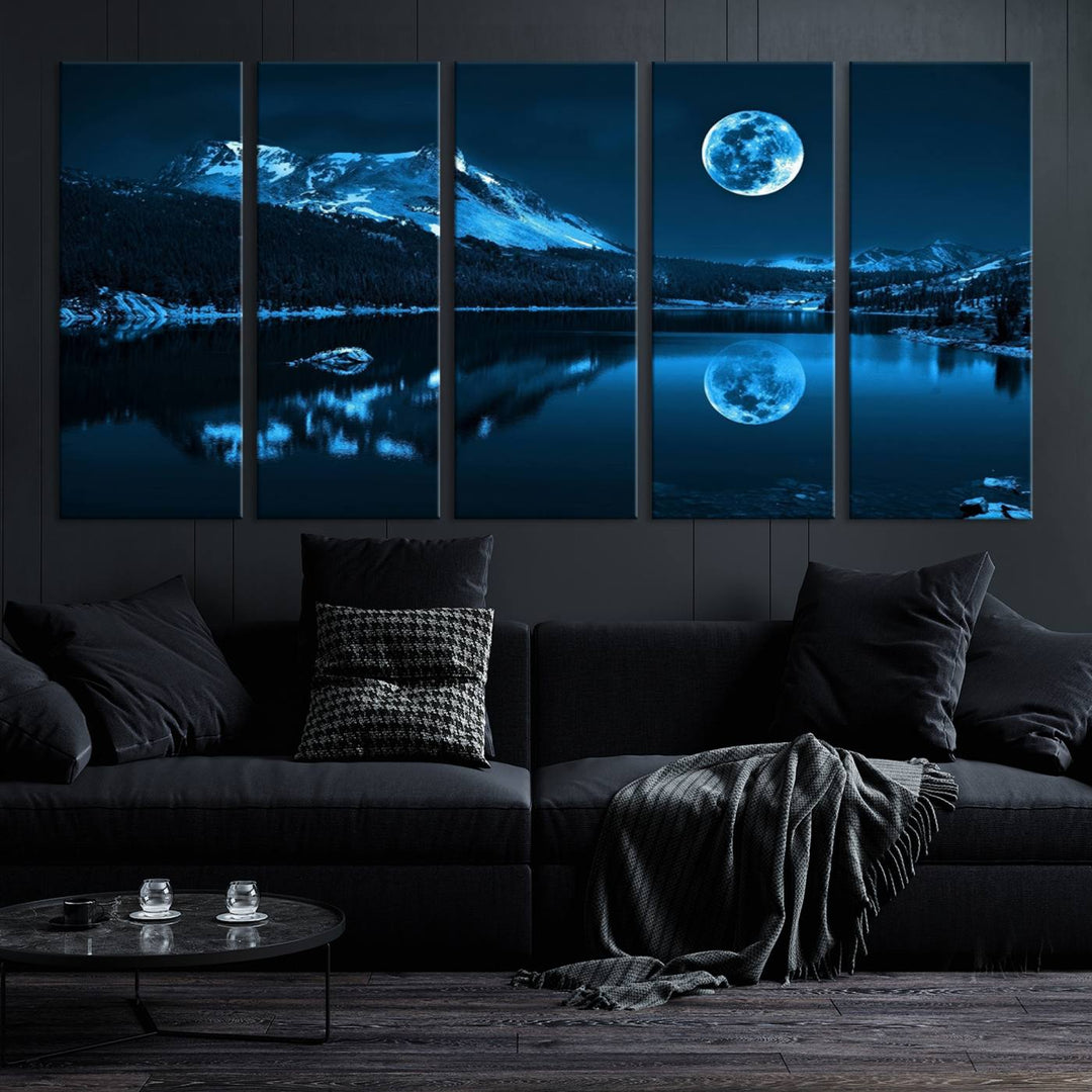 Blue Moon Mountain Lake Landscape Wall Art Canvas Print