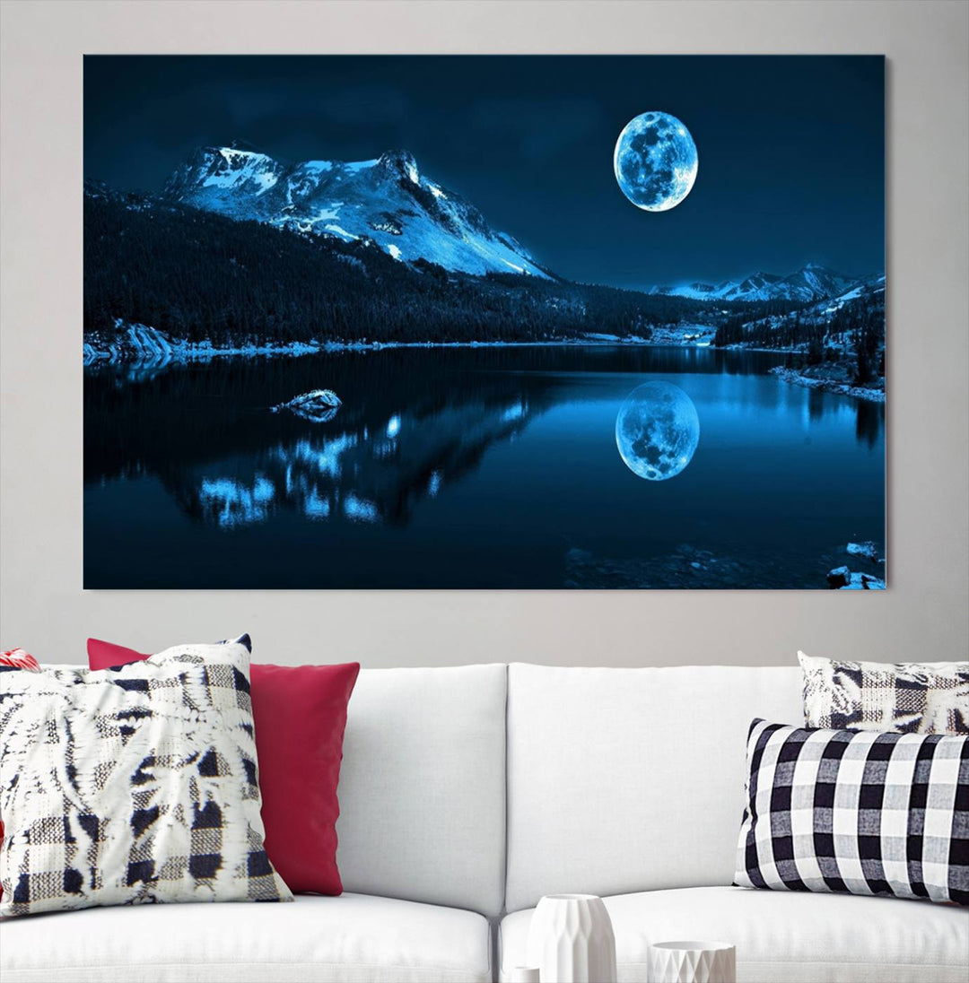 Blue Moon Mountain Lake Landscape Wall Art Canvas Print