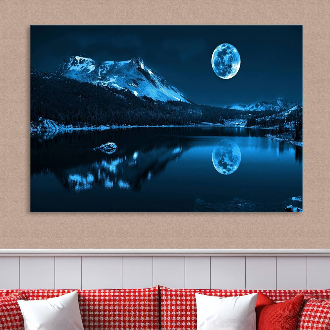 Blue Moon Mountain Lake Landscape Wall Art Canvas Print