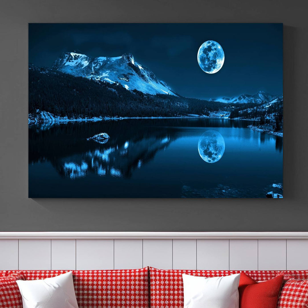 Blue Moon Mountain Lake Landscape Wall Art Canvas Print