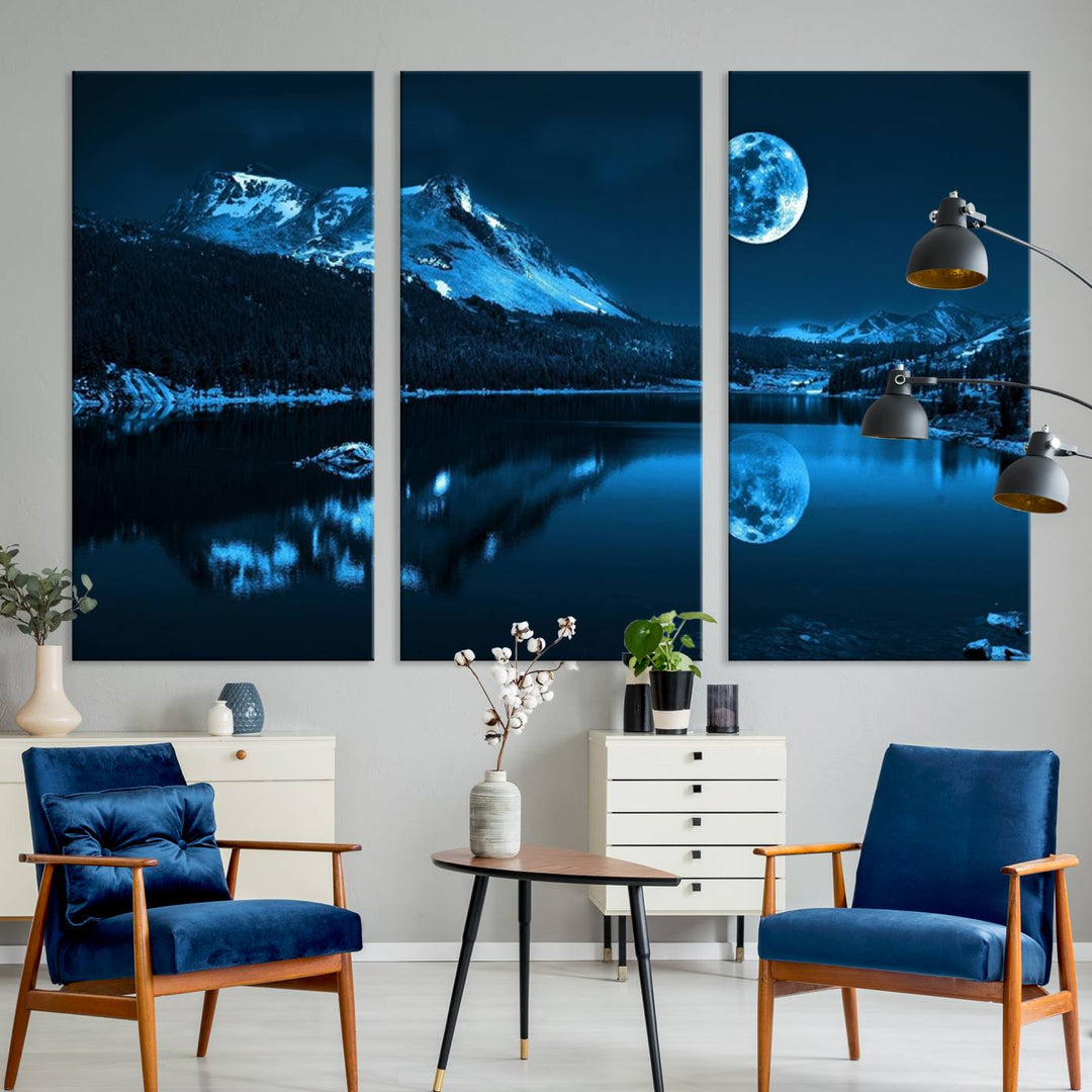 Blue Moon Mountain Lake Landscape Wall Art Canvas Print