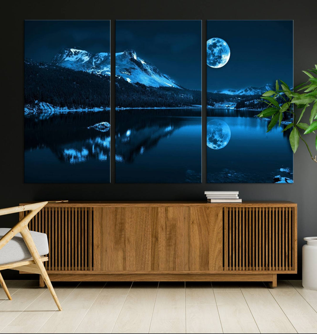 Blue Moon Mountain Lake Landscape Wall Art Canvas Print