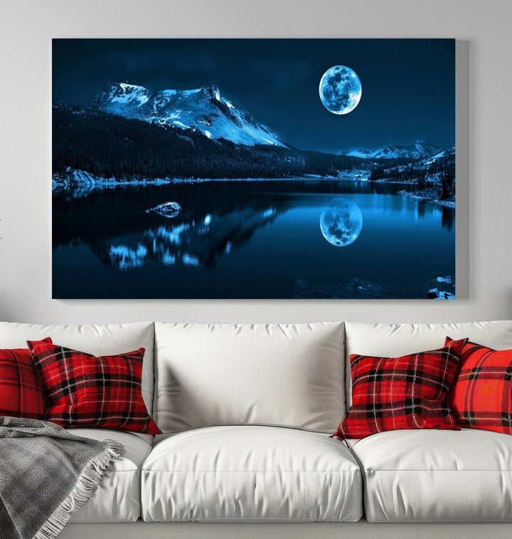 Blue Moon Mountain Lake Landscape Wall Art Canvas Print