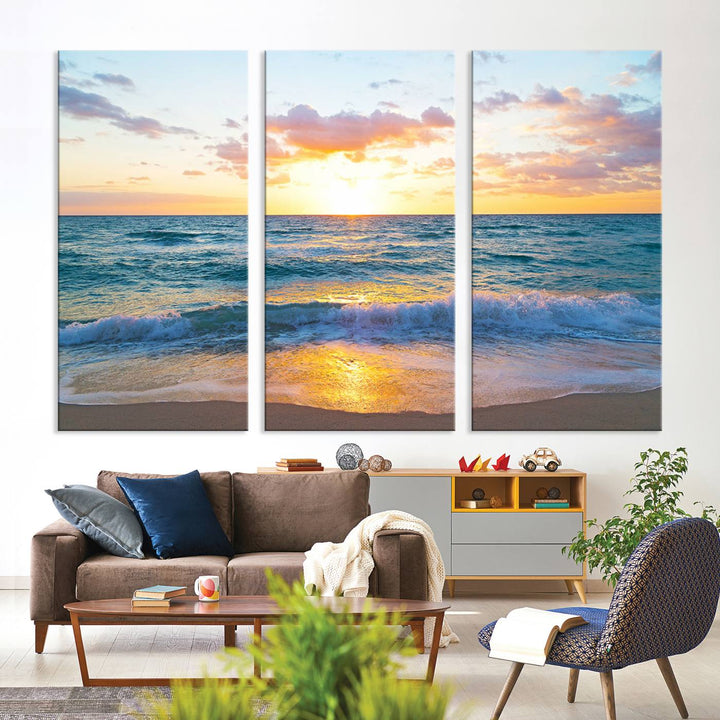 Blue Ocean Beach Sunset Wall Art Canvas Print