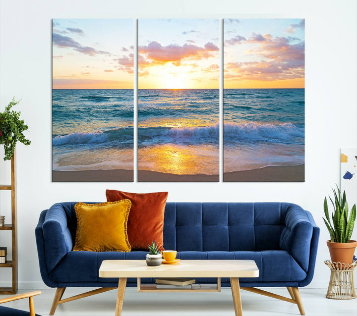 Blue Ocean Beach Sunset Wall Art Canvas Print