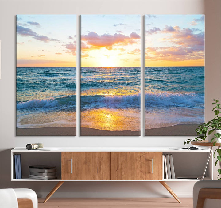 Blue Ocean Beach Sunset Wall Art Canvas Print