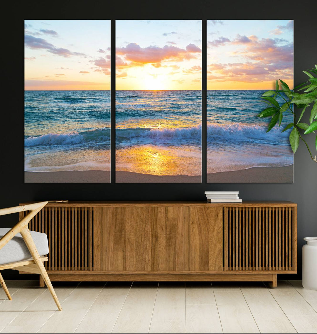 Blue Ocean Beach Sunset Wall Art Canvas Print