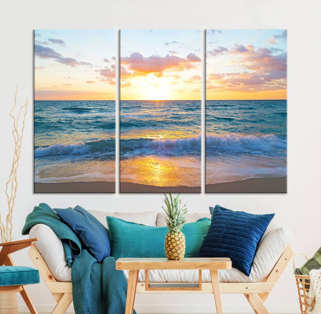 Blue Ocean Beach Sunset Wall Art Canvas Print