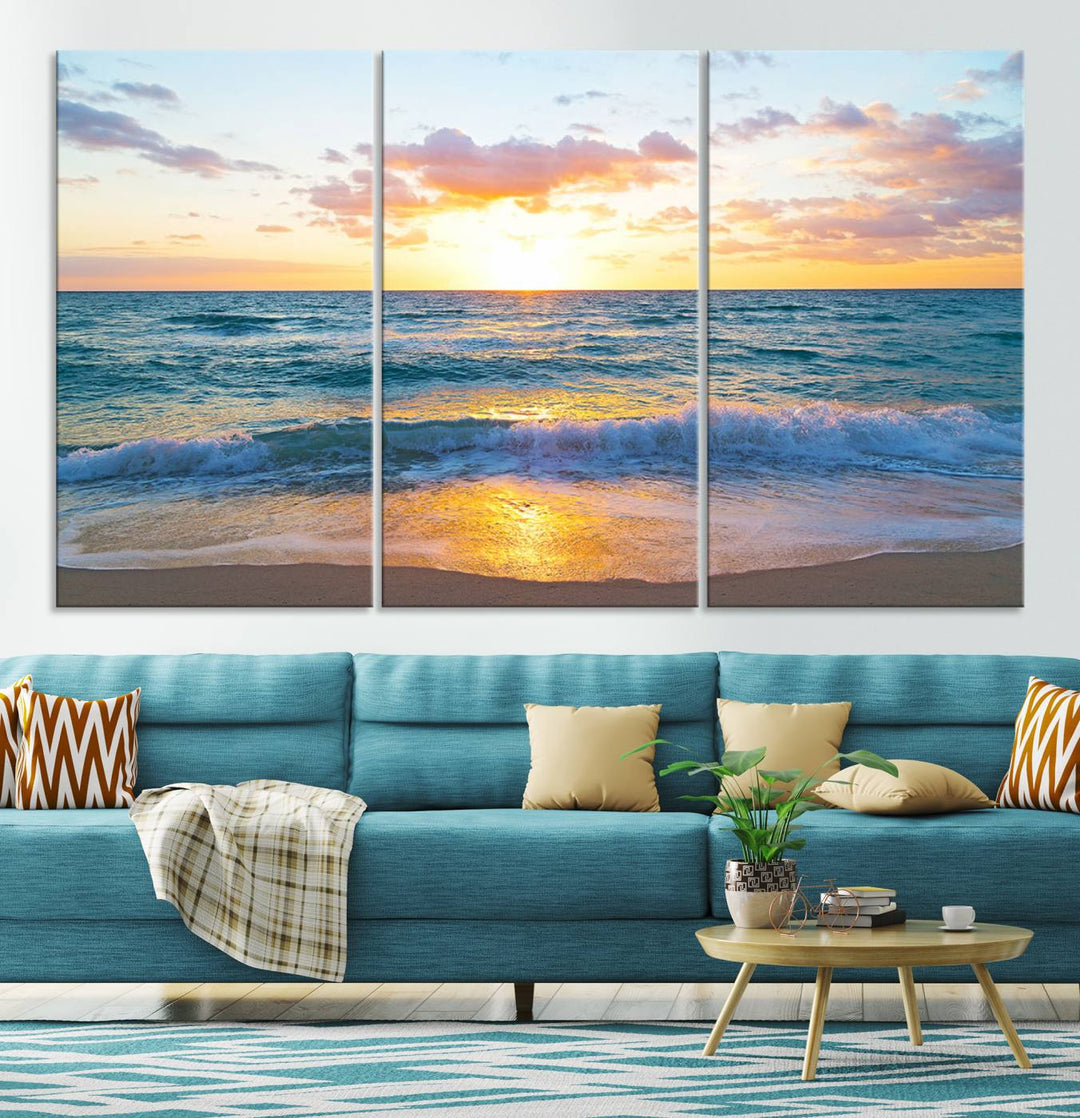 Blue Ocean Beach Sunset Wall Art Canvas Print