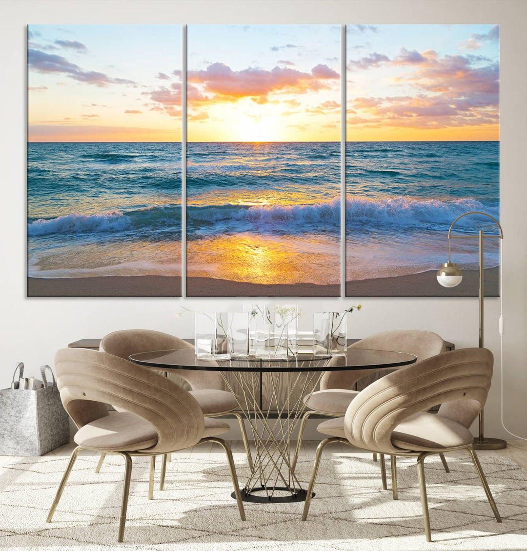 Blue Ocean Beach Sunset Wall Art Canvas Print