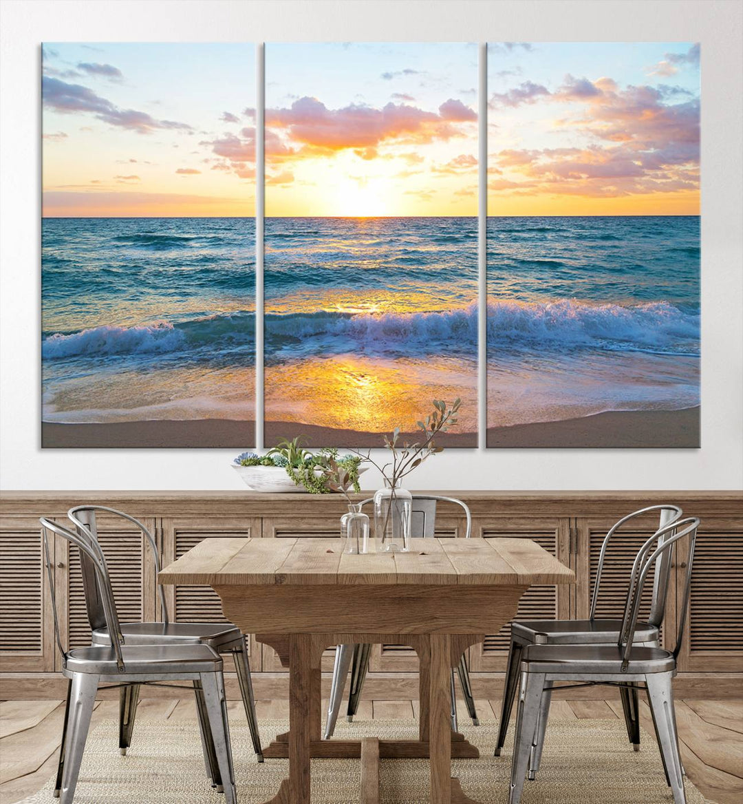 Blue Ocean Beach Sunset Wall Art Canvas Print