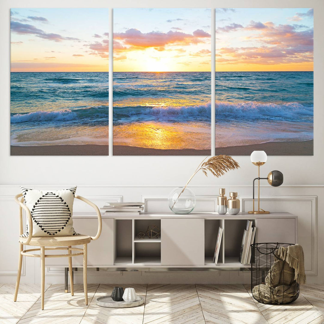 Blue Ocean Beach Sunset Wall Art Canvas Print